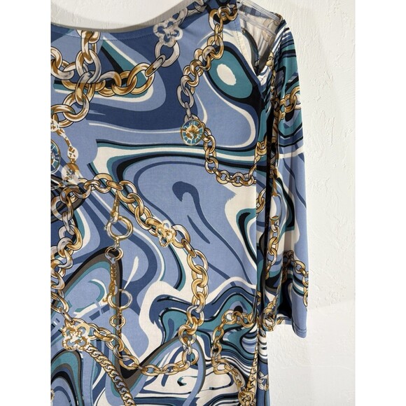 Patchington Women Blue Gold Chain Stretch Asymmetrical Small Open Shoulder Top - Picture 6 of 7